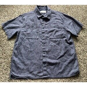 REI Shirt Mens Large Blue Button Up Short Sleeve Graphic Hemp Organic Cotton
